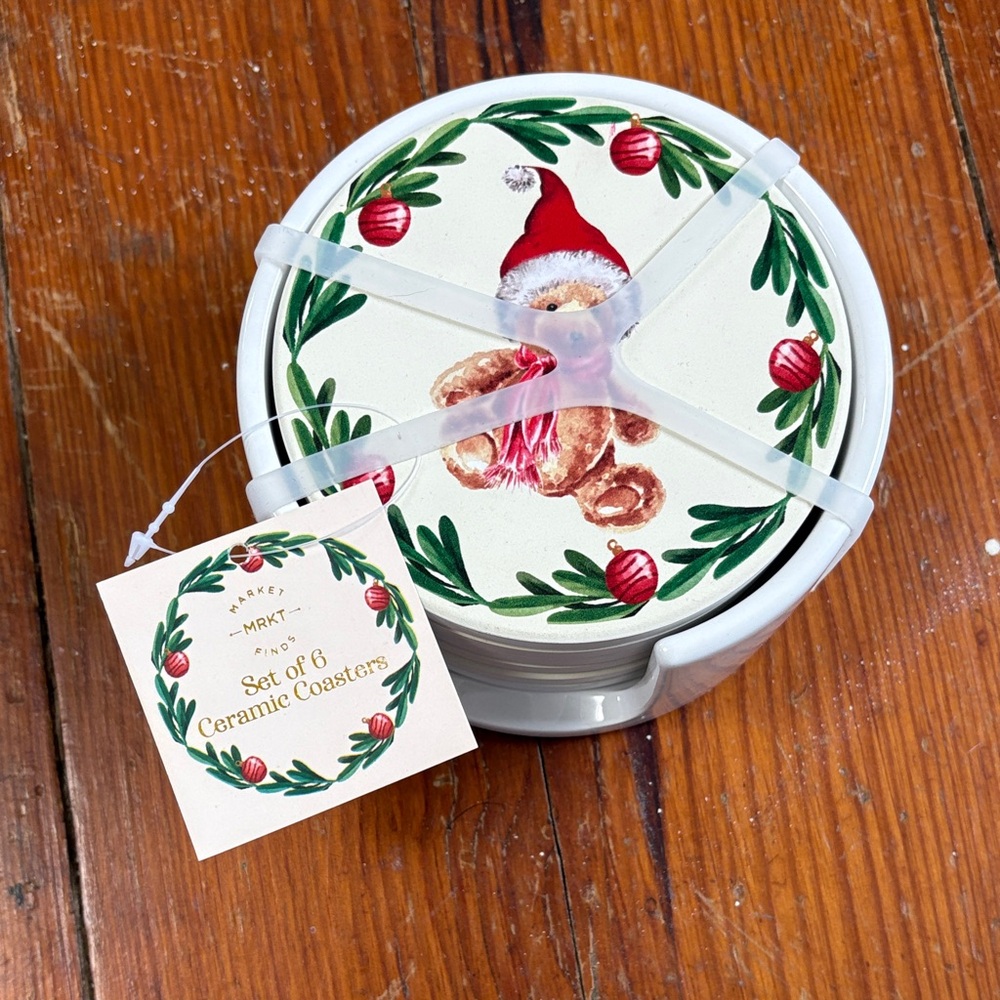 NWT MRKT Finds Festive Christmas Teddy Bear Ceramic Coasters‎ Set of 6